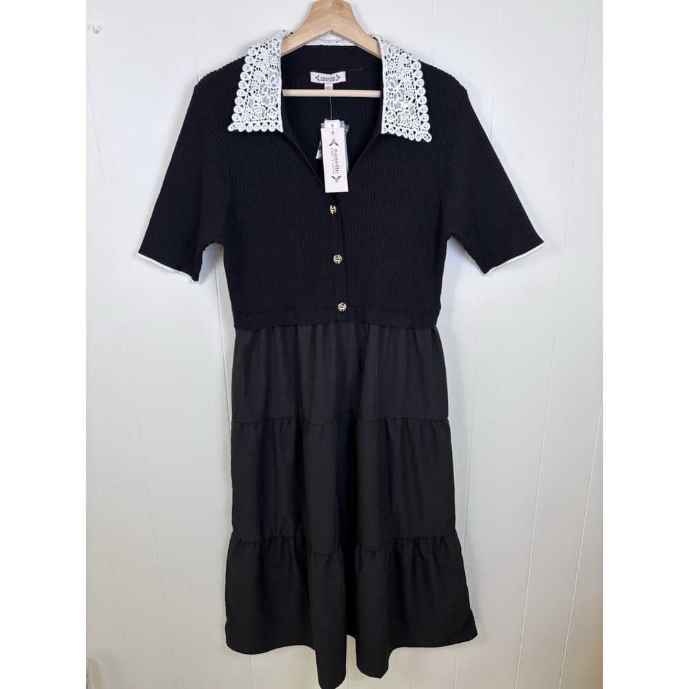 NEW NANETTE LEPORE Women's L‎ Lace Collar Tiered Midi Dress Black Knit Top $158
